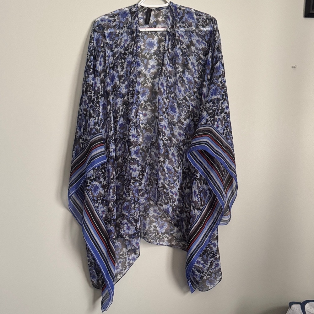 Lane Bryant Blue Floral Sheer Kimono with Striped Trim